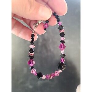 925 Sterling Silver Clasp Pink & Black Crystal Beaded Bracelet Vintage